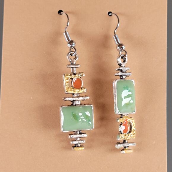 Boho Green Orange Dangle Earrings Pierced Silver Tone 1.9" Drop Jewelry Gift Bag - Picture 4 of 10